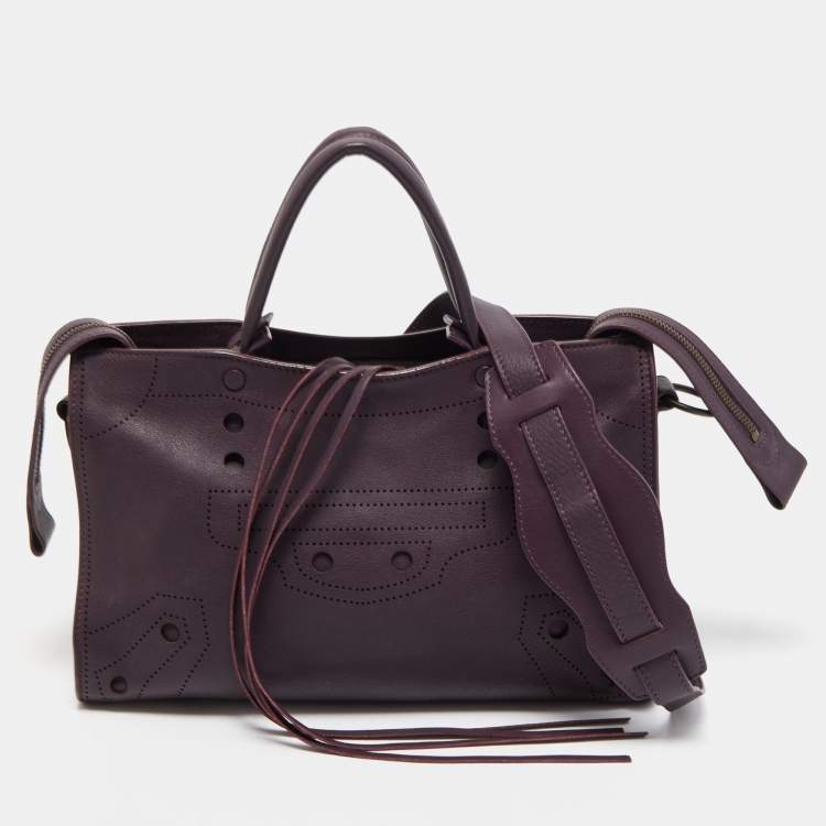 Pre Owned Balenciaga Purple Leather Small Blackout City Tote