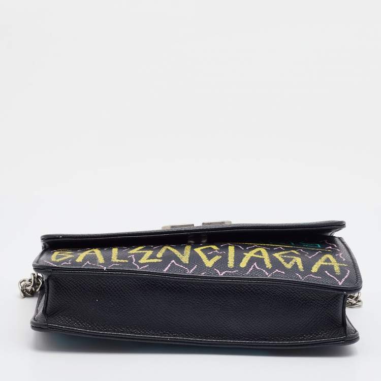 Pre Owned Balenciaga Black Printed Leather BB Flap Chain Clutch
