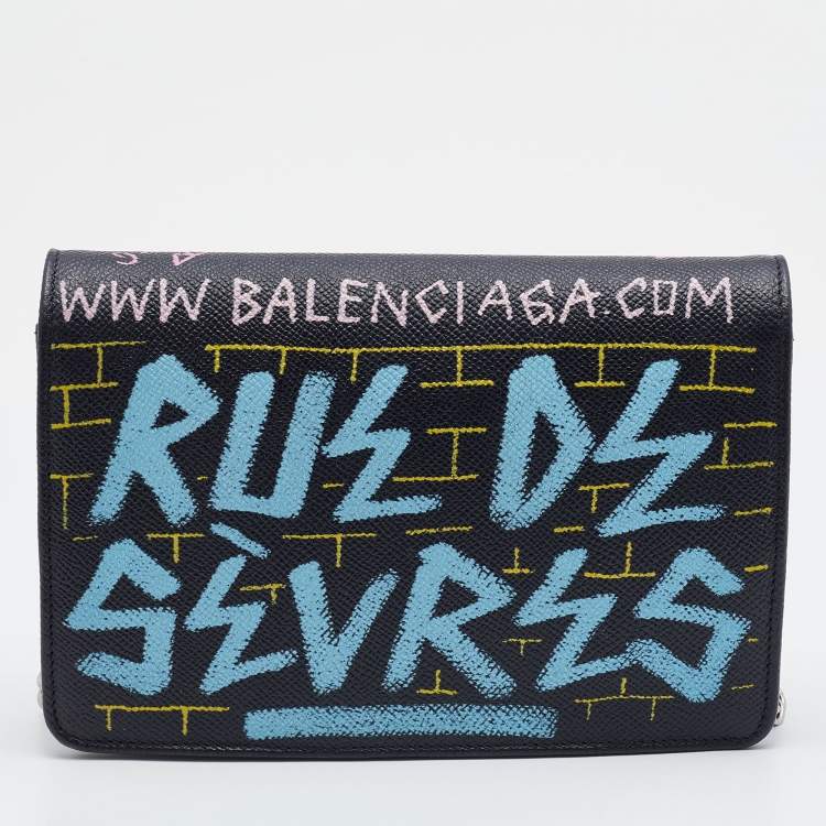 Pre Owned Balenciaga Black Printed Leather BB Flap Chain Clutch