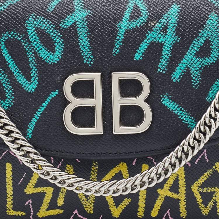 Pre Owned Balenciaga Black Printed Leather BB Flap Chain Clutch