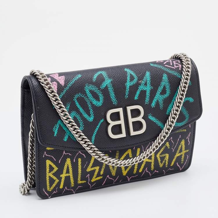 Pre Owned Balenciaga Black Printed Leather BB Flap Chain Clutch