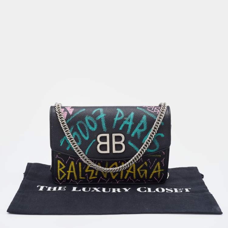 Pre Owned Balenciaga Black Printed Leather BB Flap Chain Clutch