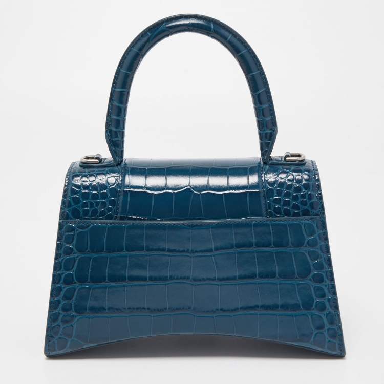 Pre Owned Balenciaga Teal Croc Embossed Leather Small Hourglass Top Handle Bag