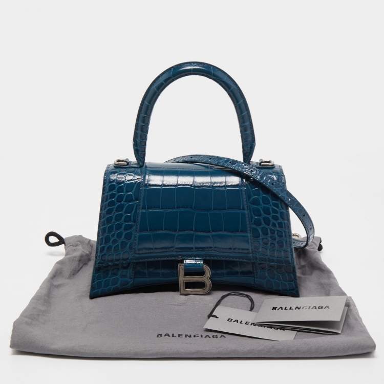 Pre Owned Balenciaga Teal Croc Embossed Leather Small Hourglass Top Handle Bag