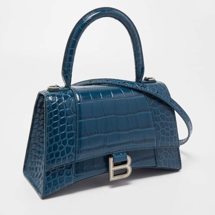 Pre Owned Balenciaga Teal Croc Embossed Leather Small Hourglass Top Handle Bag