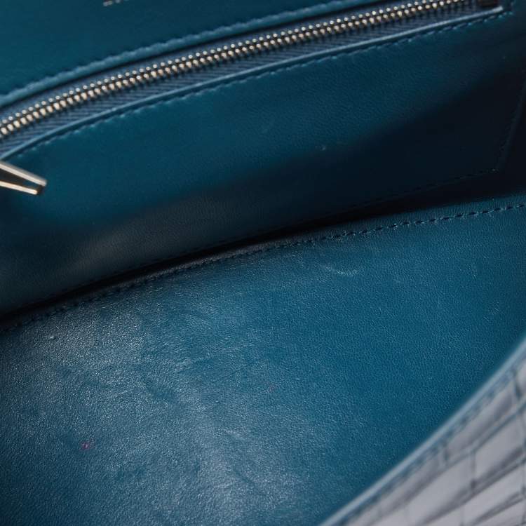 Pre Owned Balenciaga Teal Croc Embossed Leather Small Hourglass Top Handle Bag