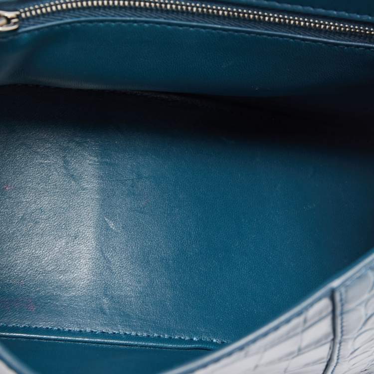 Pre Owned Balenciaga Teal Croc Embossed Leather Small Hourglass Top Handle Bag