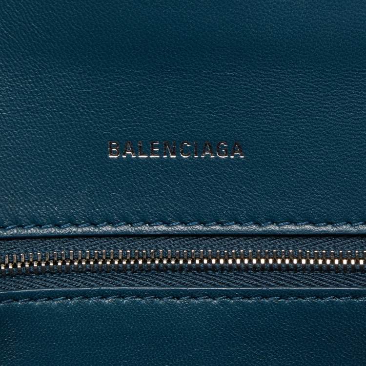 Pre Owned Balenciaga Teal Croc Embossed Leather Small Hourglass Top Handle Bag