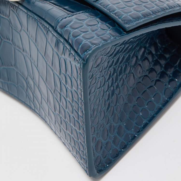Pre Owned Balenciaga Teal Croc Embossed Leather Small Hourglass Top Handle Bag