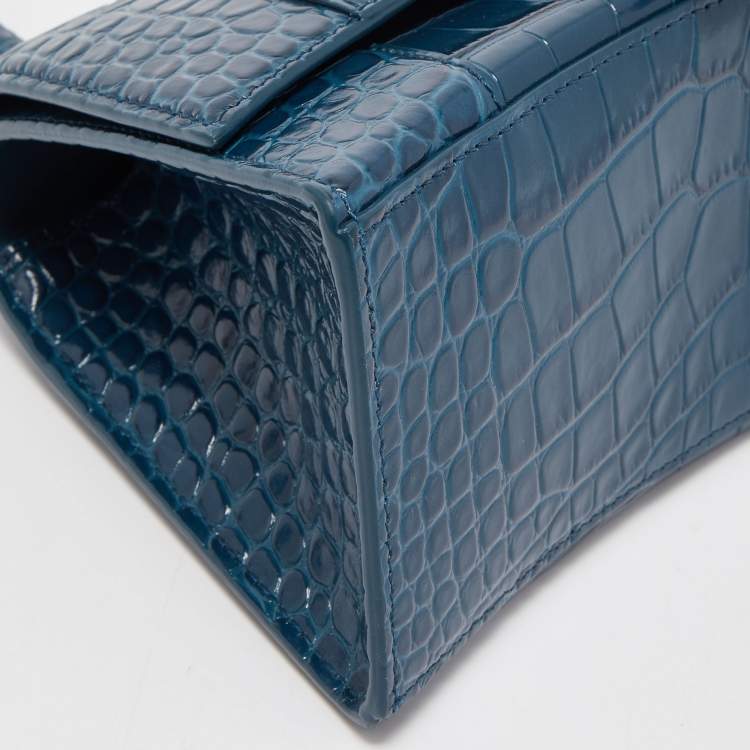 Pre Owned Balenciaga Teal Croc Embossed Leather Small Hourglass Top Handle Bag