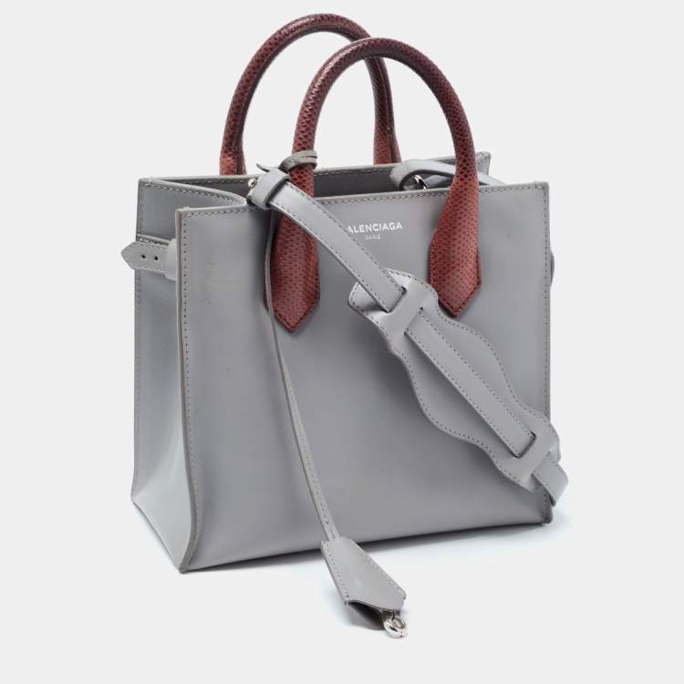 Pre Owned Balenciaga Grey Leather and Lizard Mini Padlock All Afternoon Tote