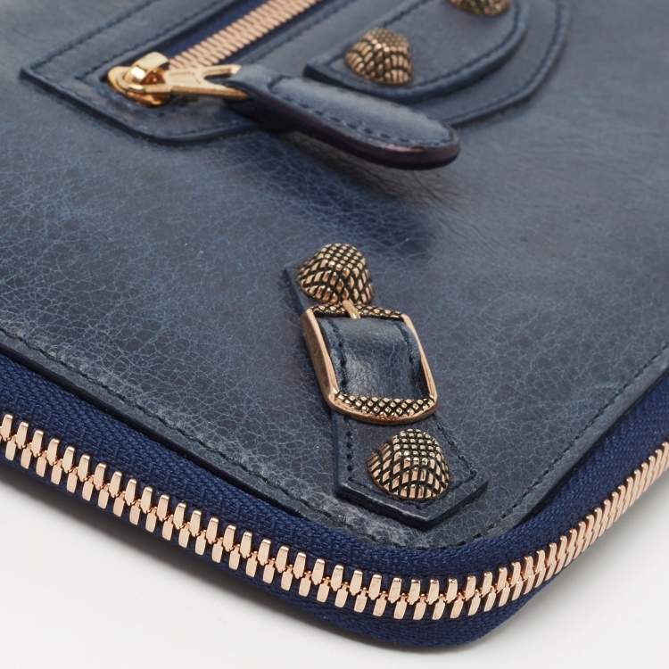 Pre Owned Balenciaga Blue Roi Leather Compagnon Zip Around Wallet