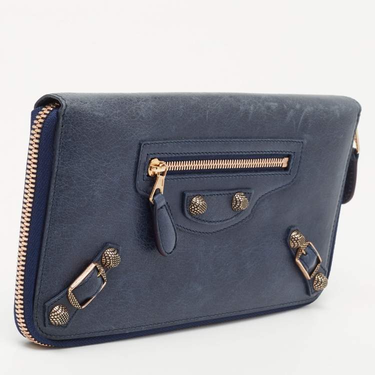 Pre Owned Balenciaga Blue Roi Leather Compagnon Zip Around Wallet