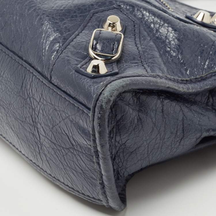 Pre Owned Balenciaga Navy Blue Leather Mini Classic Metallic Edge City Bag