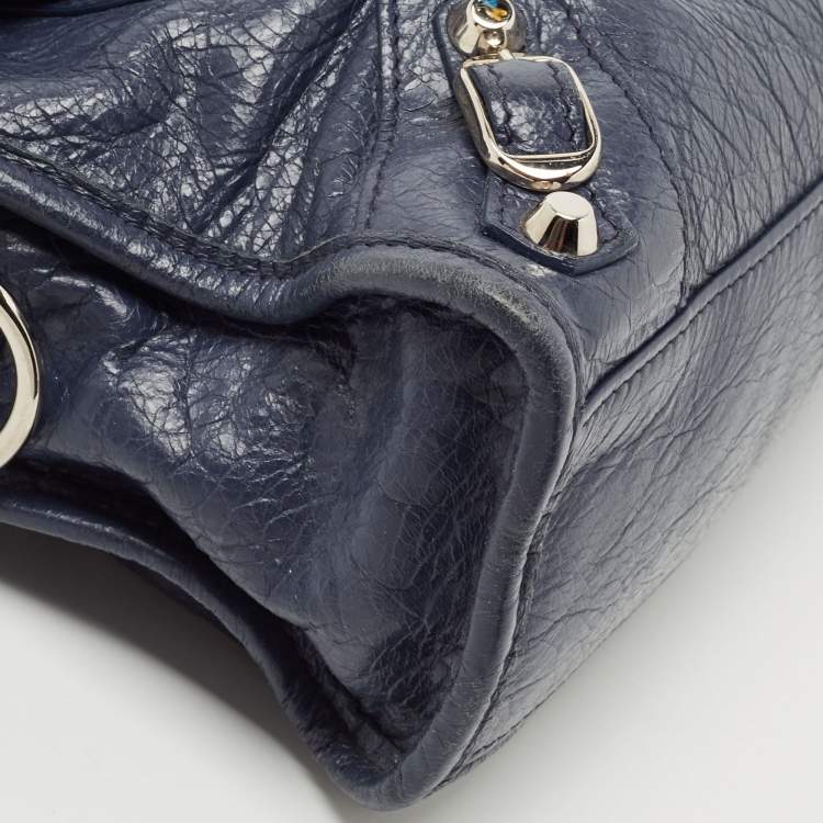 Pre Owned Balenciaga Navy Blue Leather Mini Classic Metallic Edge City Bag