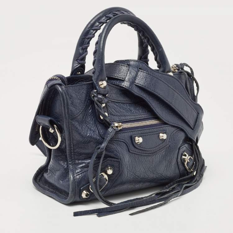 Pre Owned Balenciaga Navy Blue Leather Mini Classic Metallic Edge City Bag
