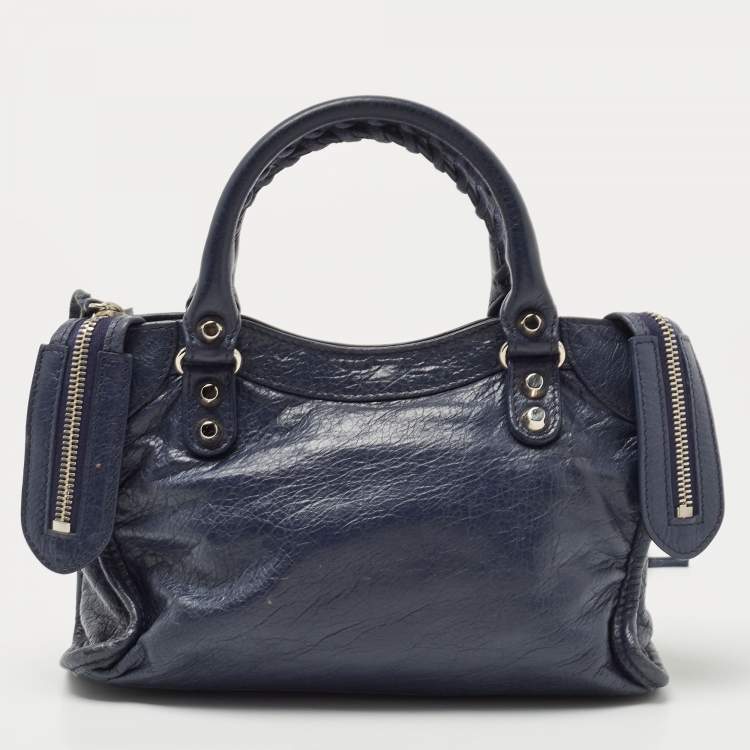Pre Owned Balenciaga Navy Blue Leather Mini Classic Metallic Edge City Bag