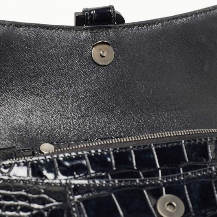 Pre Owned Balenciaga Black Croc Embossed Leather Hourglass Wallet on Chain