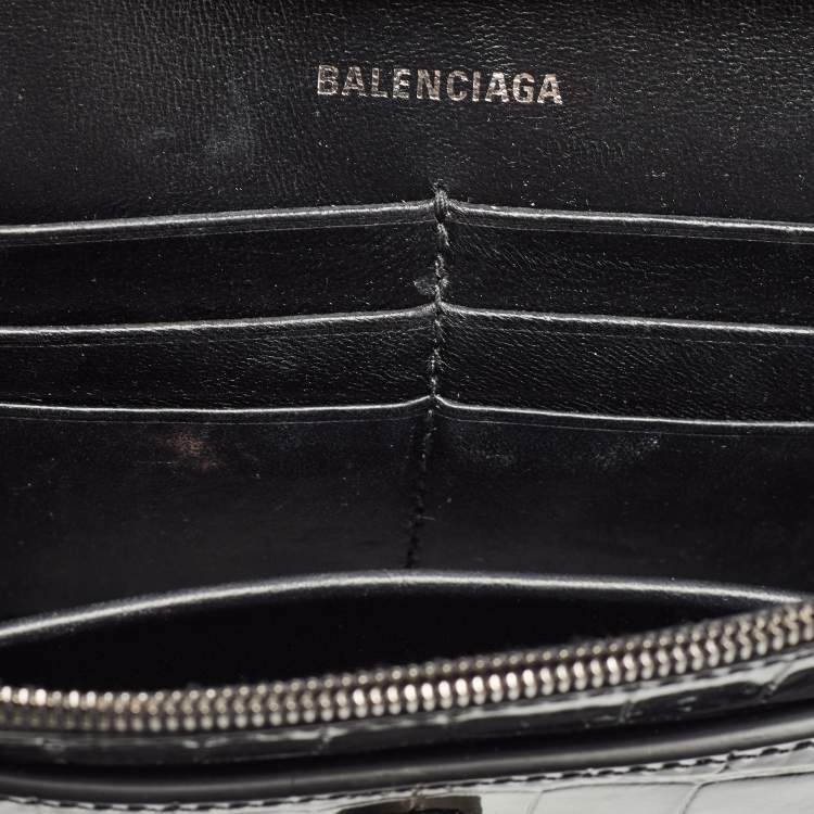 Pre Owned Balenciaga Black Croc Embossed Leather Hourglass Wallet on Chain