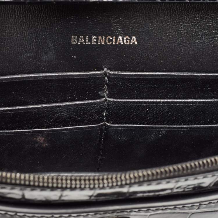 Pre Owned Balenciaga Black Croc Embossed Leather Hourglass Wallet on Chain