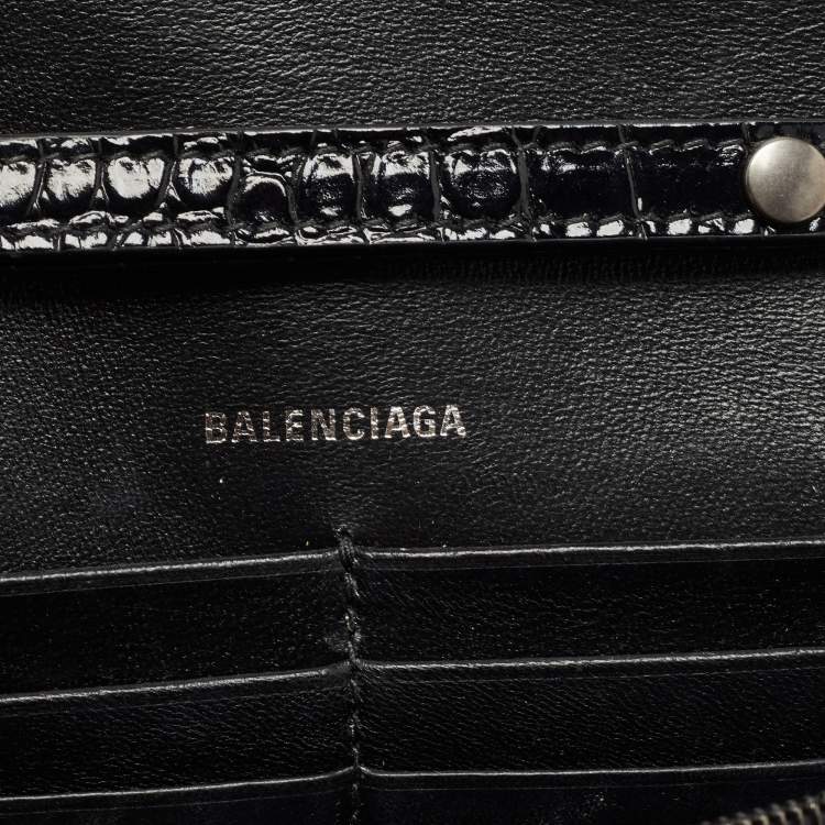 Pre Owned Balenciaga Black Croc Embossed Leather Hourglass Wallet on Chain