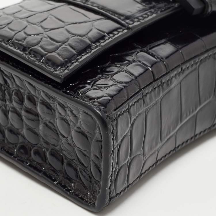 Pre Owned Balenciaga Black Croc Embossed Leather Hourglass Wallet on Chain