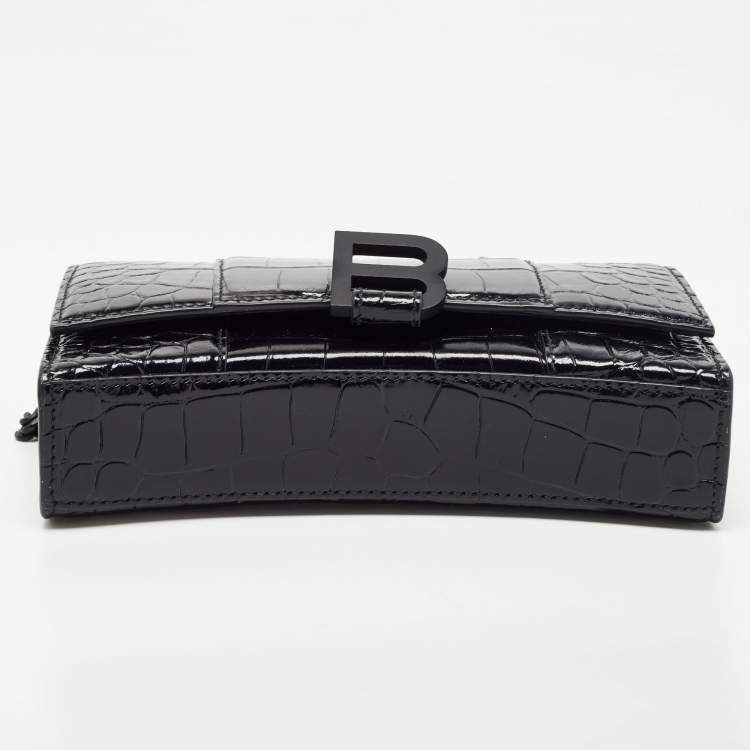 Pre Owned Balenciaga Black Croc Embossed Leather Hourglass Wallet on Chain