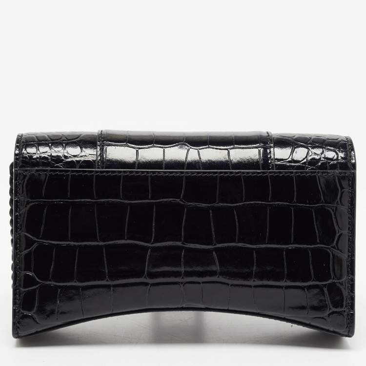 Pre Owned Balenciaga Black Croc Embossed Leather Hourglass Wallet on Chain