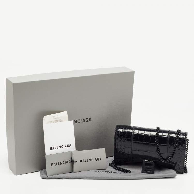 Pre Owned Balenciaga Black Croc Embossed Leather Hourglass Wallet on Chain