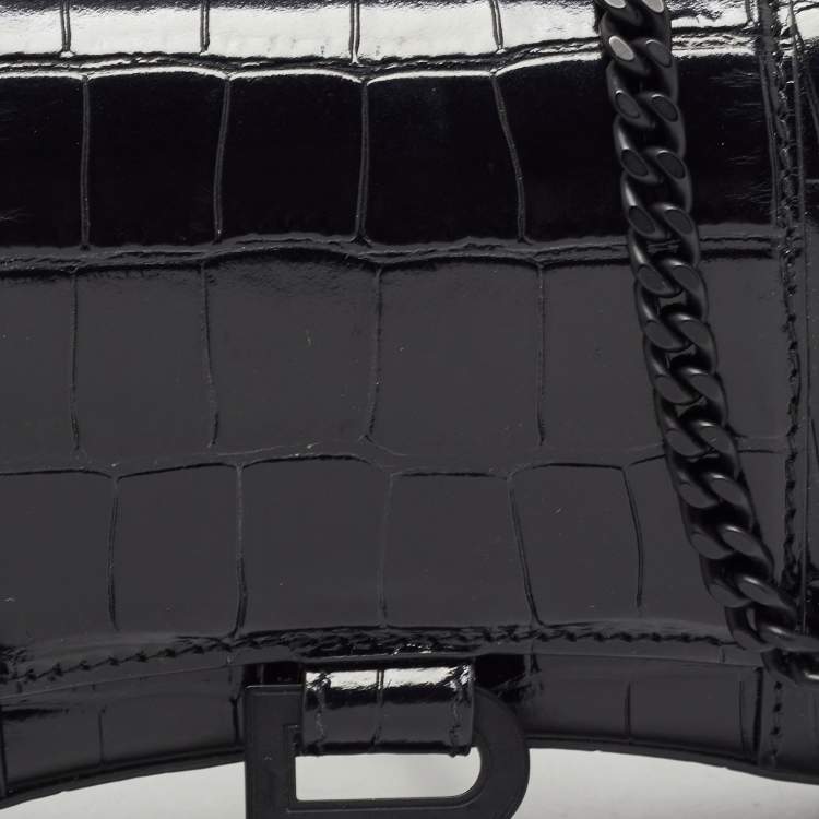 Pre Owned Balenciaga Black Croc Embossed Leather Hourglass Wallet on Chain
