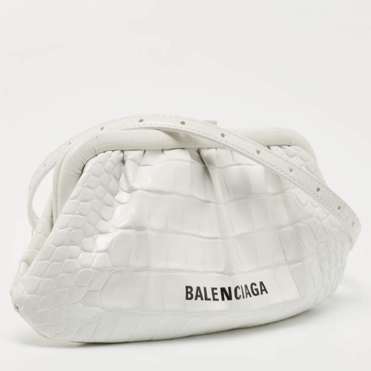 Pre Owned Balenciaga White Croc Embossed Leather XS Cloud Clutch Bag