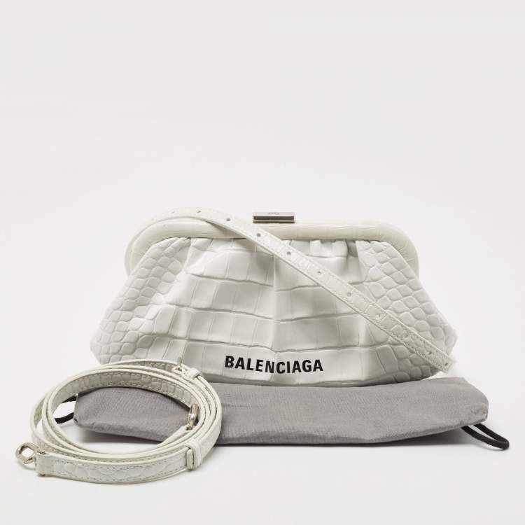 Pre Owned Balenciaga White Croc Embossed Leather XS Cloud Clutch Bag