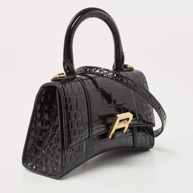 Pre Owned Balenciaga Black Croc Embossed Leather XS Hourglass Top Handle Bag