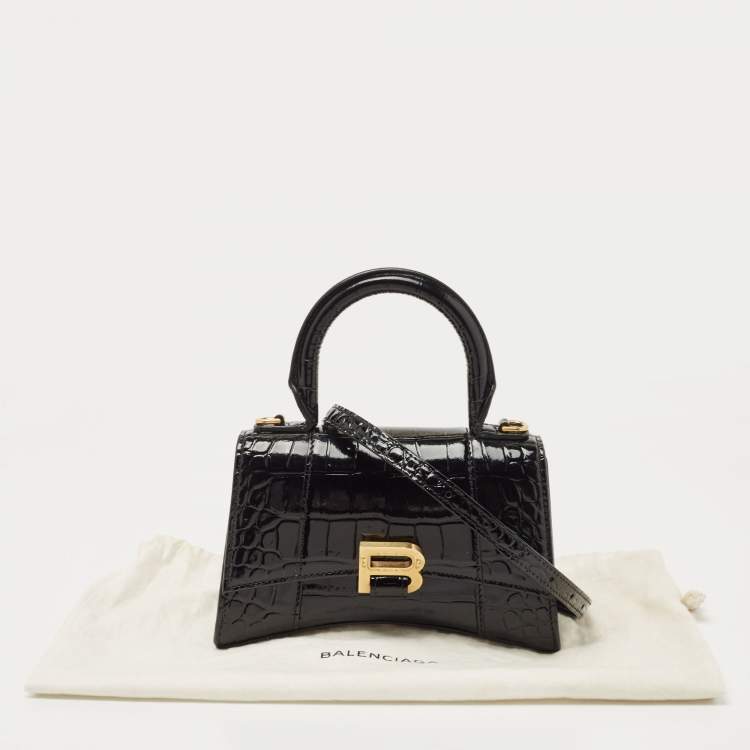Pre Owned Balenciaga Black Croc Embossed Leather XS Hourglass Top Handle Bag