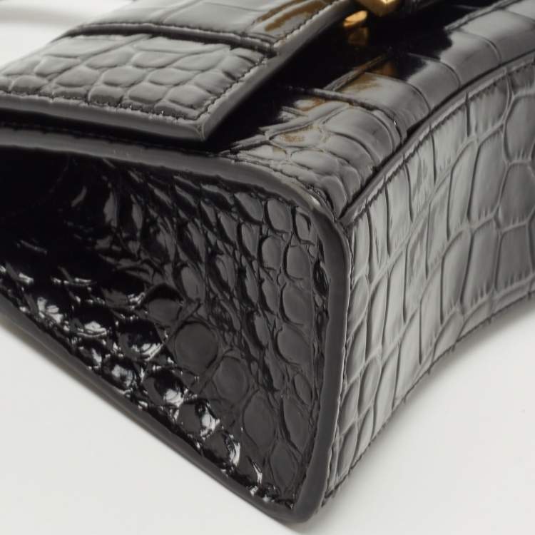 Pre Owned Balenciaga Black Croc Embossed Leather XS Hourglass Top Handle Bag