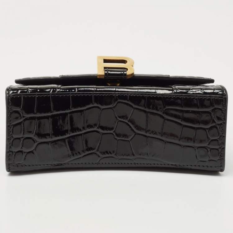 Pre Owned Balenciaga Black Croc Embossed Leather XS Hourglass Top Handle Bag