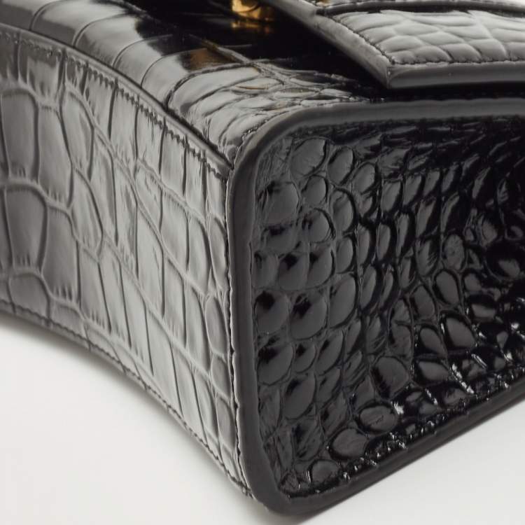 Pre Owned Balenciaga Black Croc Embossed Leather XS Hourglass Top Handle Bag