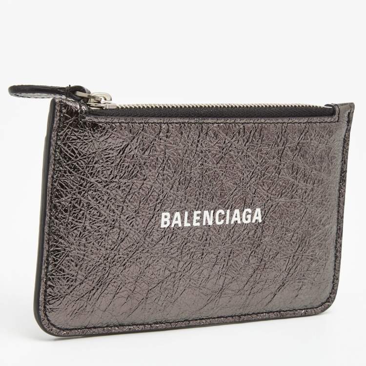 Pre Owned Balenciaga Metallic Silver Leather Zip Card Case