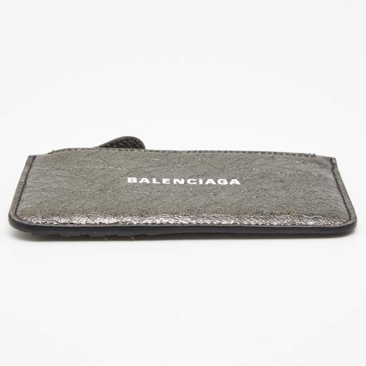 Pre Owned Balenciaga Metallic Silver Leather Zip Card Case