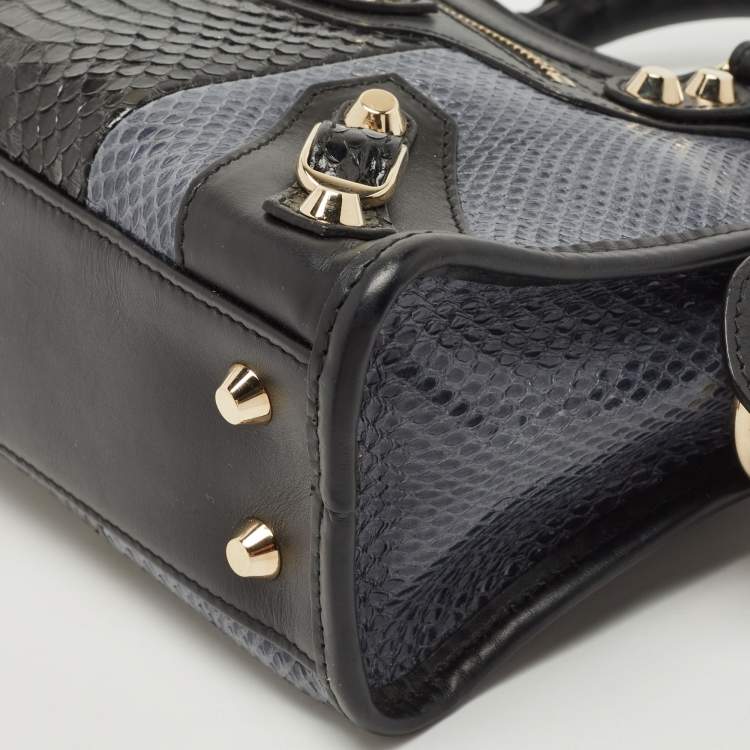 Pre Owned Balenciaga Black/Indigo Leather and Python Mini Classic Metallic Edge City Bag