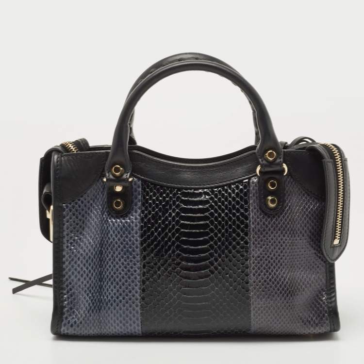 Pre Owned Balenciaga Black/Indigo Leather and Python Mini Classic Metallic Edge City Bag