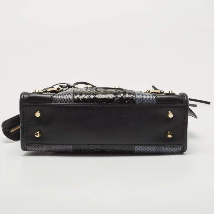 Pre Owned Balenciaga Black/Indigo Leather and Python Mini Classic Metallic Edge City Bag