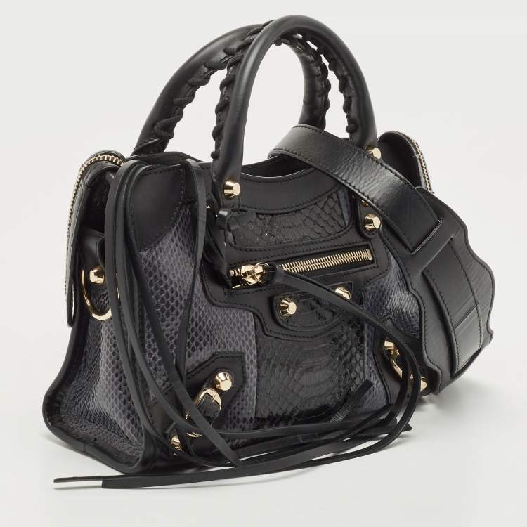 Pre Owned Balenciaga Black/Indigo Leather and Python Mini Classic Metallic Edge City Bag