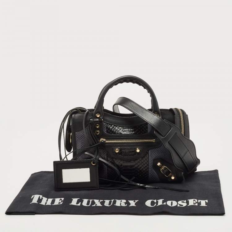 Pre Owned Balenciaga Black/Indigo Leather and Python Mini Classic Metallic Edge City Bag