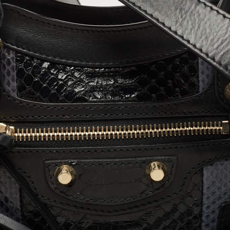 Pre Owned Balenciaga Black/Indigo Leather and Python Mini Classic Metallic Edge City Bag