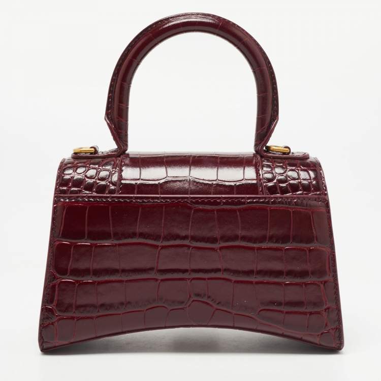 Pre Owned Balenciaga Burgundy Croc Embossed Leather XS Hourglass Top Handle Bag