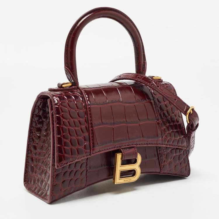 Pre Owned Balenciaga Burgundy Croc Embossed Leather XS Hourglass Top Handle Bag