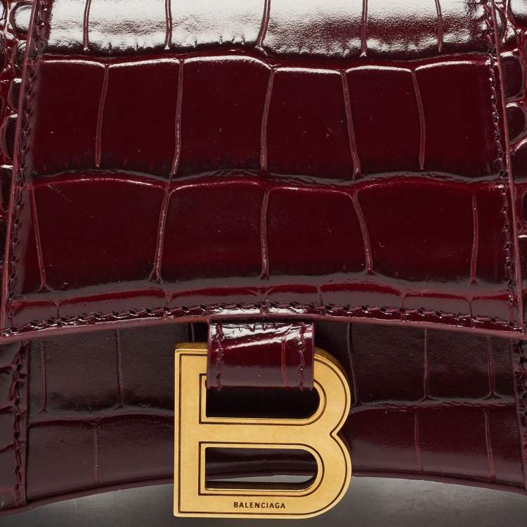 Pre Owned Balenciaga Burgundy Croc Embossed Leather XS Hourglass Top Handle Bag