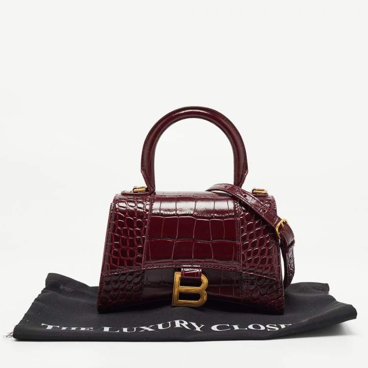 Pre Owned Balenciaga Burgundy Croc Embossed Leather XS Hourglass Top Handle Bag