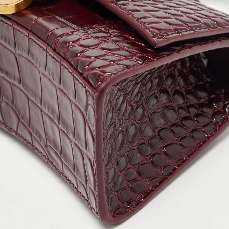 Pre Owned Balenciaga Burgundy Croc Embossed Leather XS Hourglass Top Handle Bag